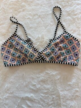 Floral Triangle Bikini top with Black-White Stripe Trim - Pink Floral